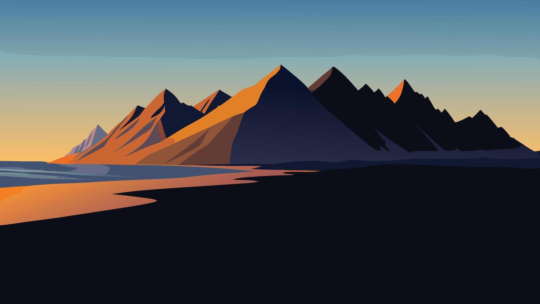 Black sand dunes on the Stokksnes headland on southeastern Icelandic coast. Colorful evening landscape in the Iceland, flat illustration vector