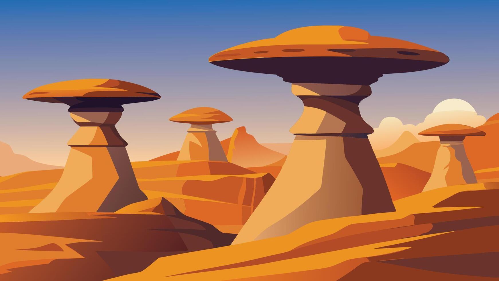 Impressive fungous forms of sandstone in the canyon near Cavusin village, Cappadocia, Nevsehir Province in the Central Anatolia Region of Turkey, flat illustration vector