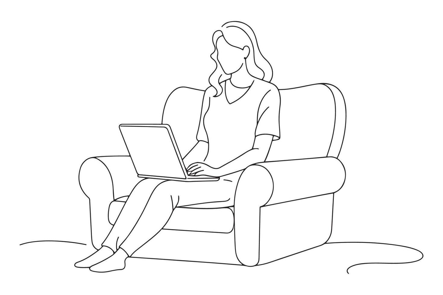 Freelancer female working at home with laptop computer on cozy sofa, continuous line art illustration on white background. vector