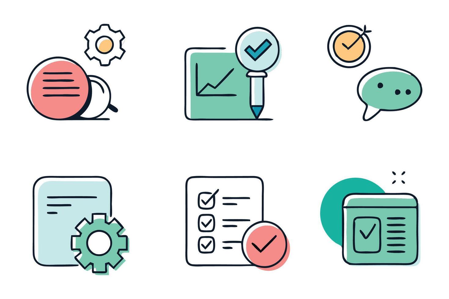 Doodle Task complate and assets related colorful icon set flat illustration on white background vector