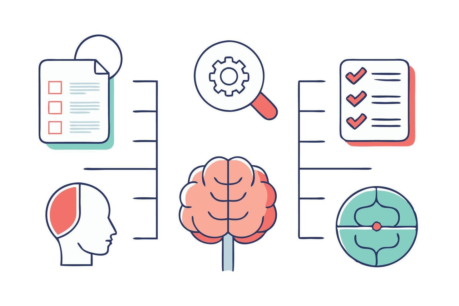 Doodle Brain recharge related colorful icon set flat illustration on white background vector