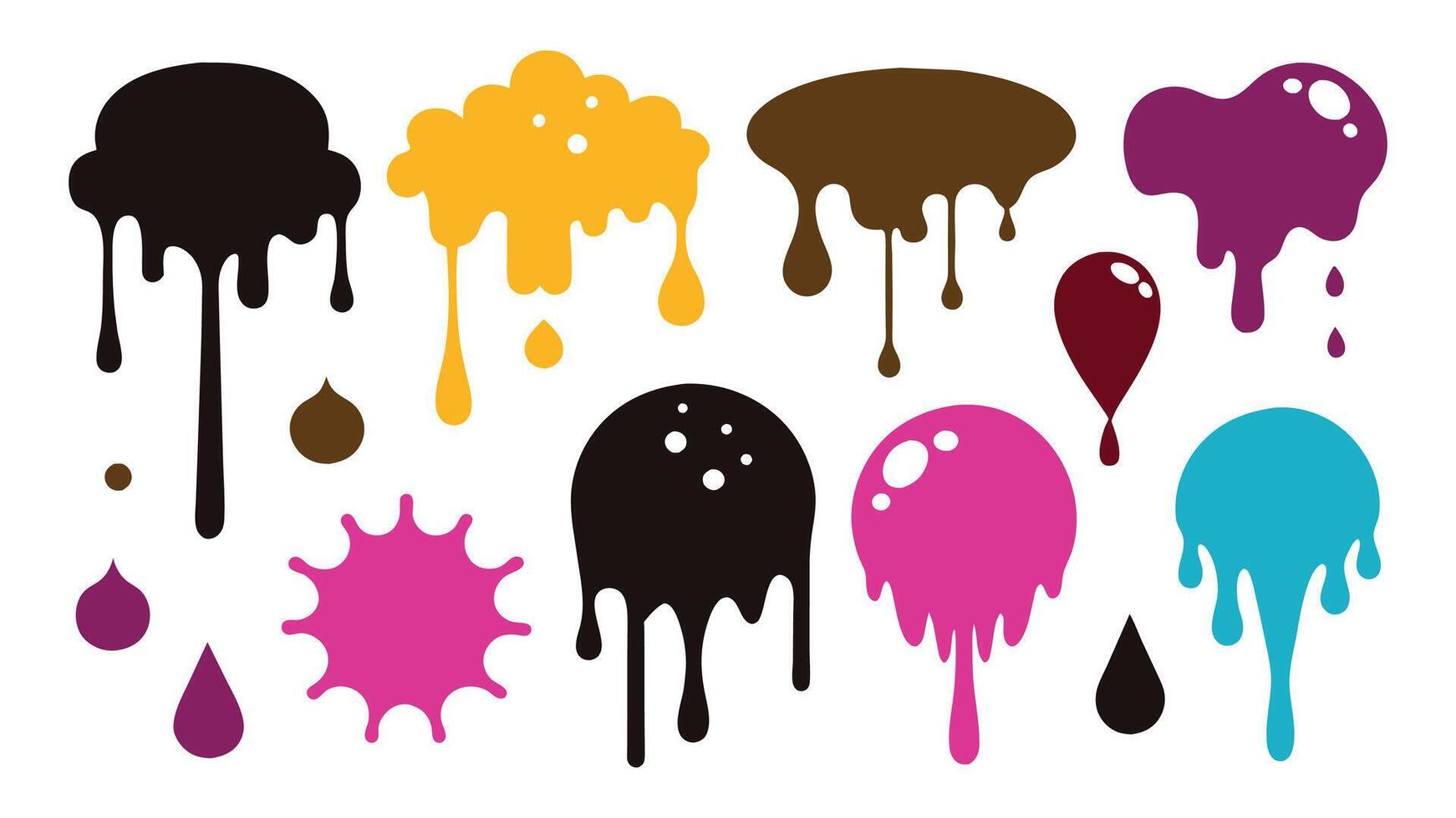 Dripping stain. Silhouette drip oil black melting paint liquid ink drop. Border melted sweet dessert ice cream sauce. Splash splatter elements isolated. set. vector