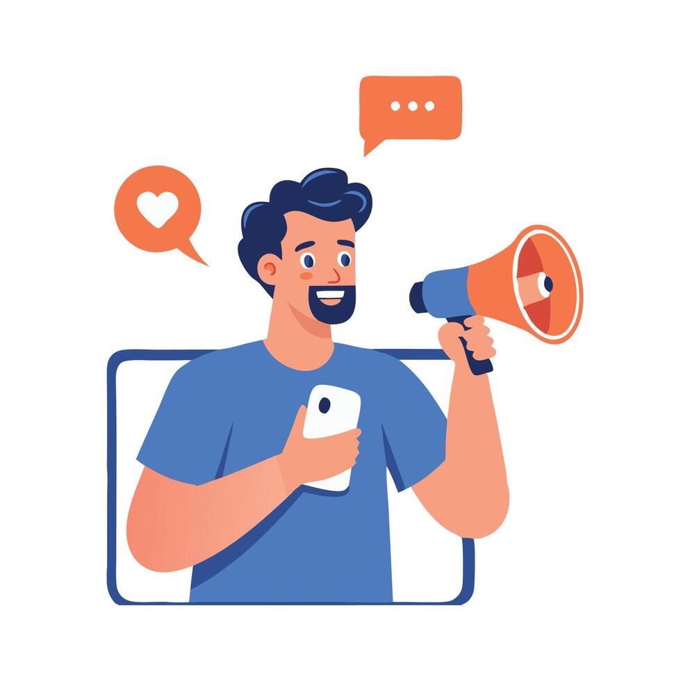 Hands holding smartphone with a man shouting in loud speaker. Influencer marketing, Hand drawn flat style illustration vector