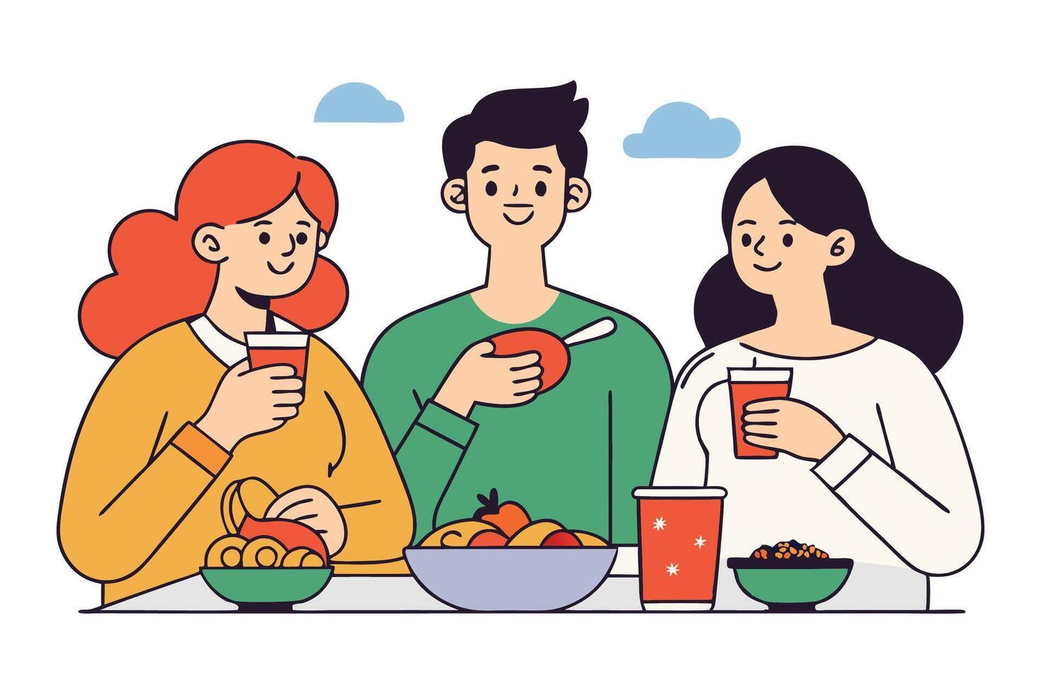 People who eat food, colorful continuous line art illustration vector