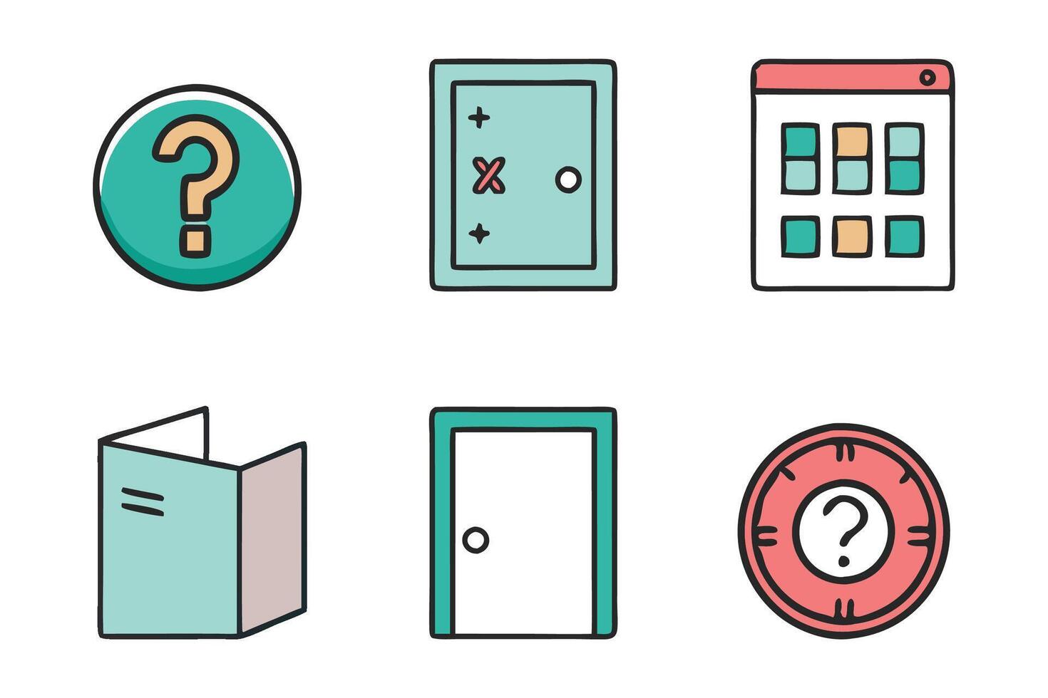 Doodle Exit door related colorful icon set flat illustration on white background. vector