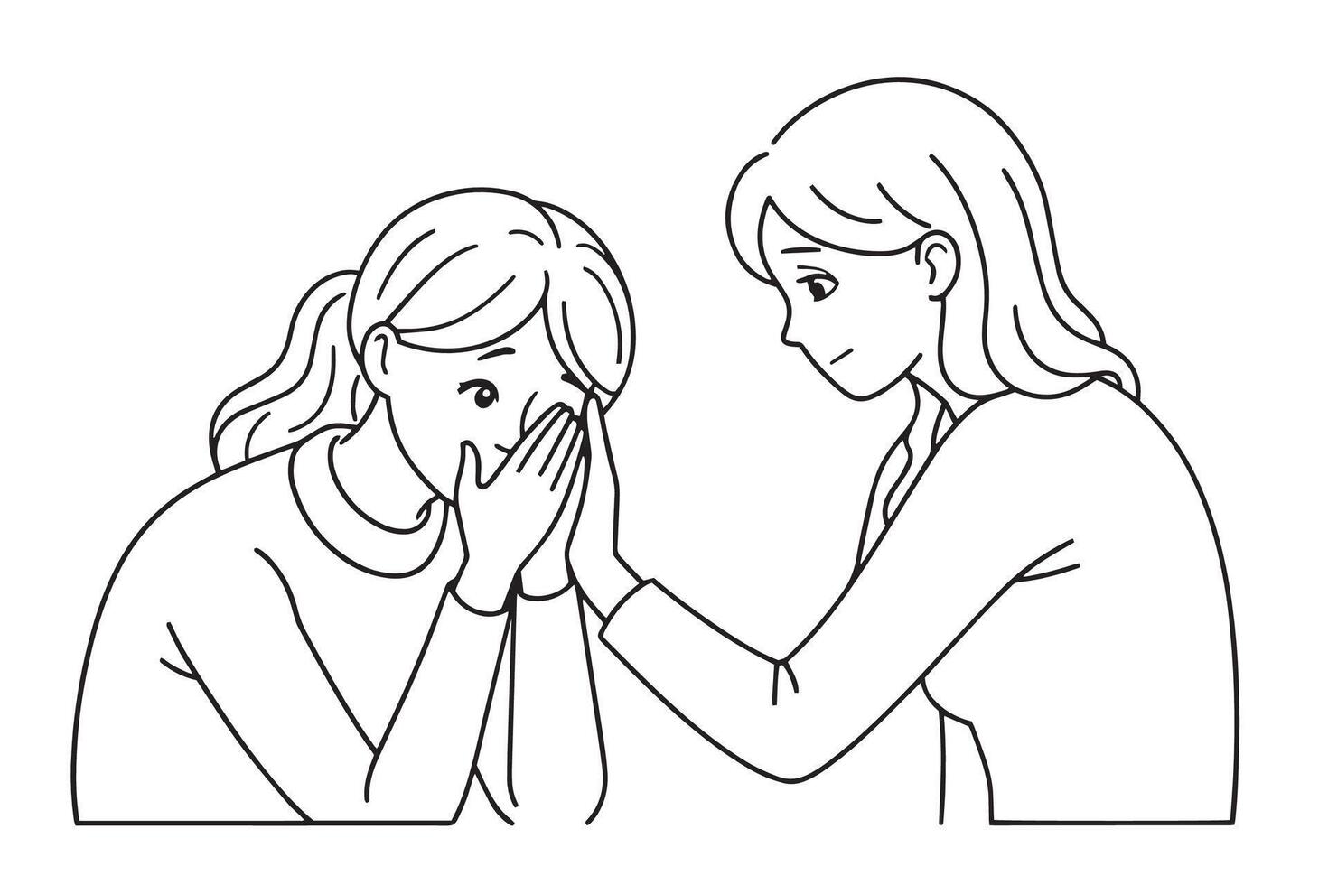 Girl trying to comfort and encourage to her sad best friend stressing. continuous line art illustration on white background vector