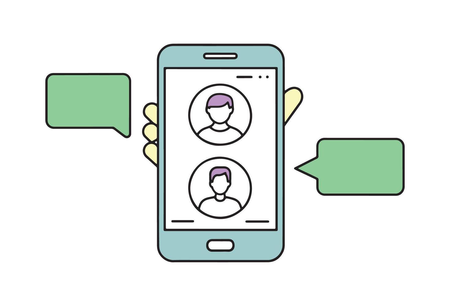 Mobile phone chat message notifications illustration isolated on color background, hand with smartphone colorful illustration vector