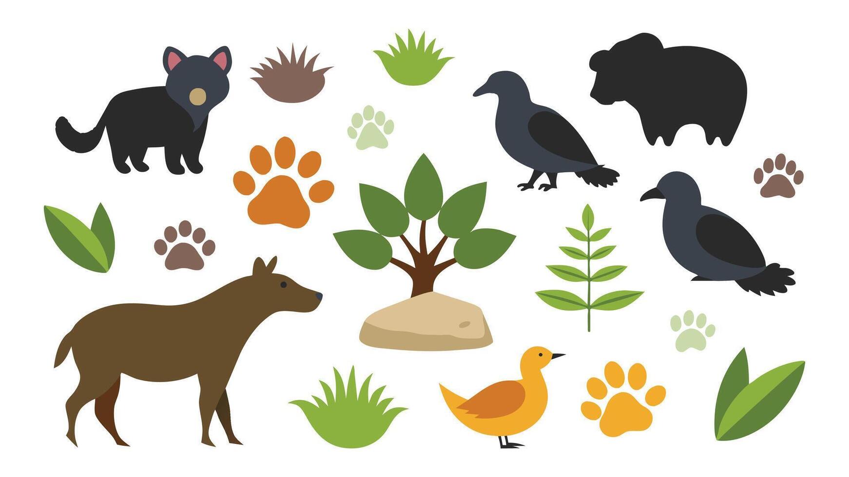 Animals footprint tracks. Animal paw silhouette wild animal pet and farm trail bird footstep. Brush walking nature foot track isolated on white background set. vector