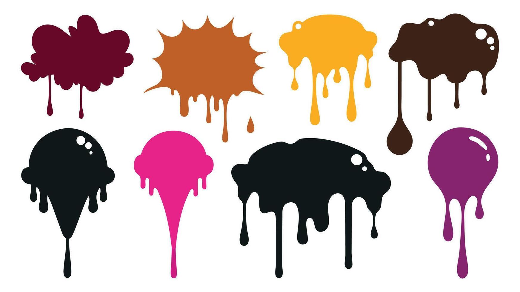 Dripping stain. Silhouette drip oil paint liquid ink drop. Border melted sweet dessert ice cream sauce. Splash splatter elements isolated. set. vector