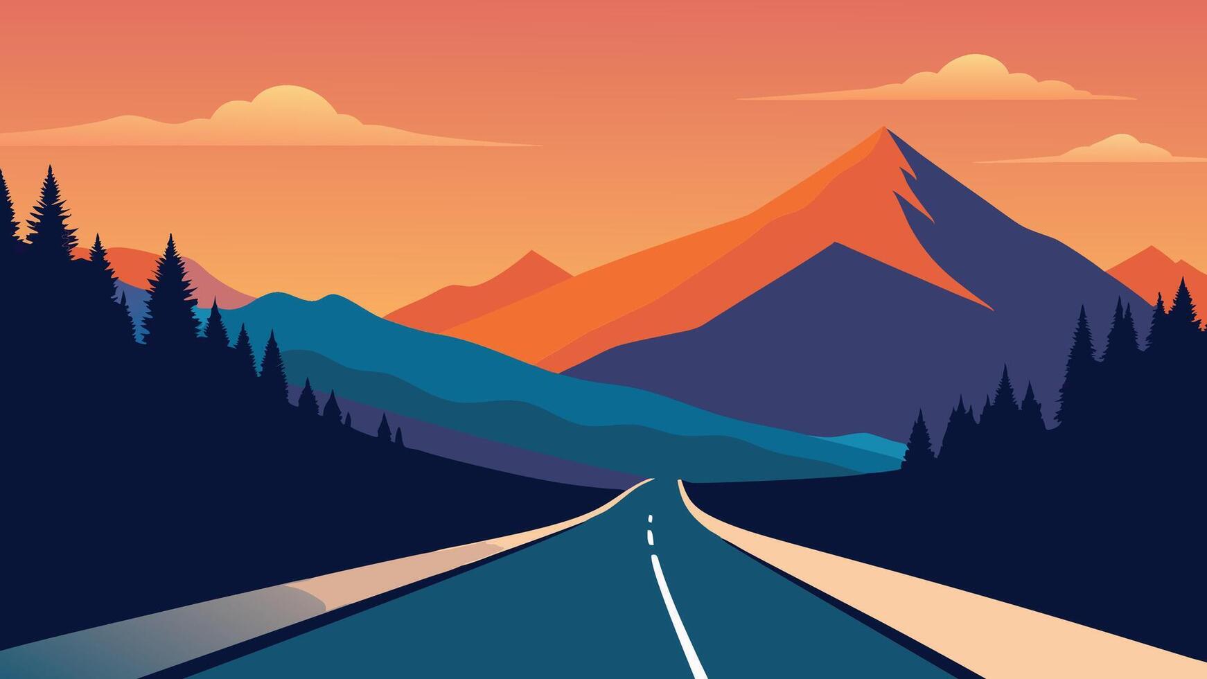 Summer landscape with road in the mountains flat illustration vector