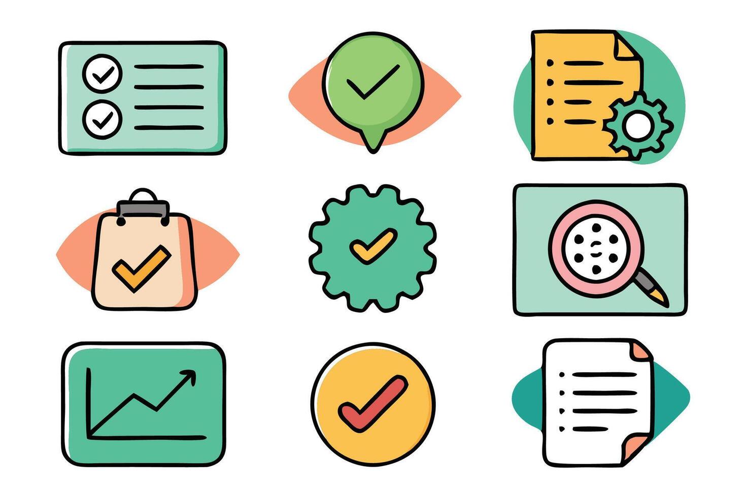 Doodle Evaluation and assess Related related colorful icon set flat illustration on white background. vector