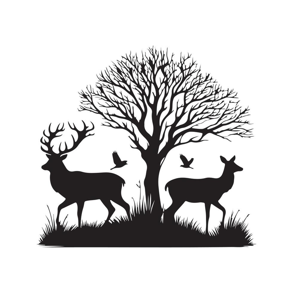 A black silhouette of a deer standing among the trees on the grass. vector