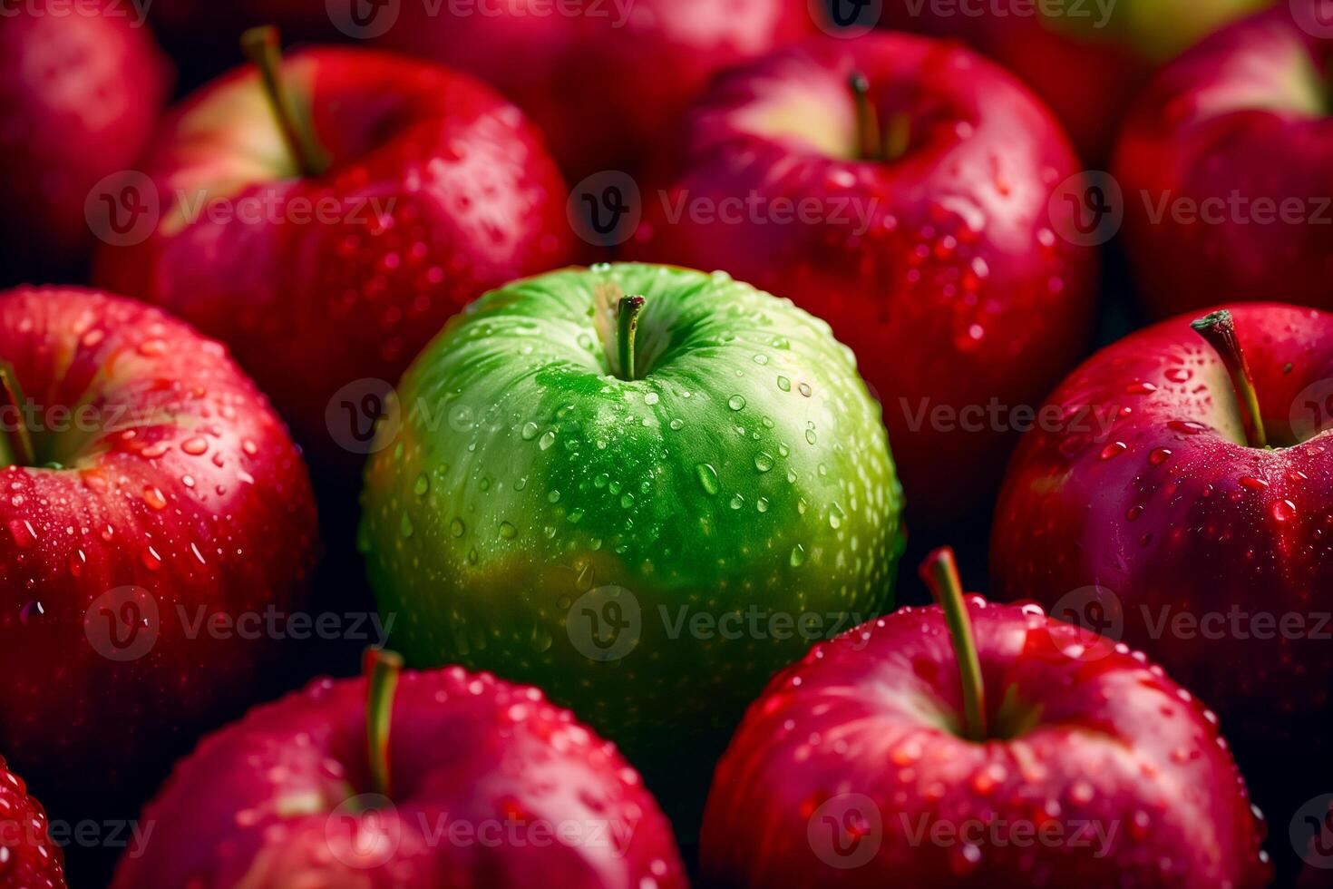 A single green apple among a group of red apples, solitude and loneliness concept photo