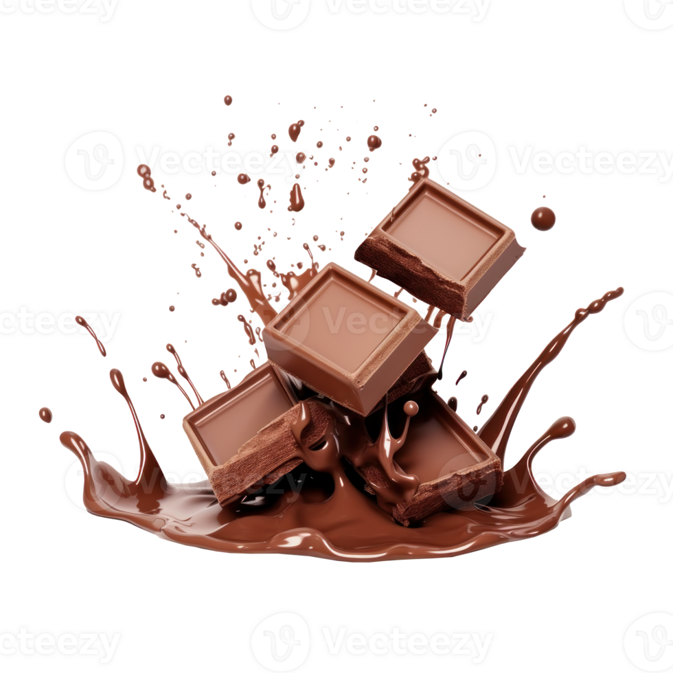 chocolate bar falling into a splash of milk on a transparent background png