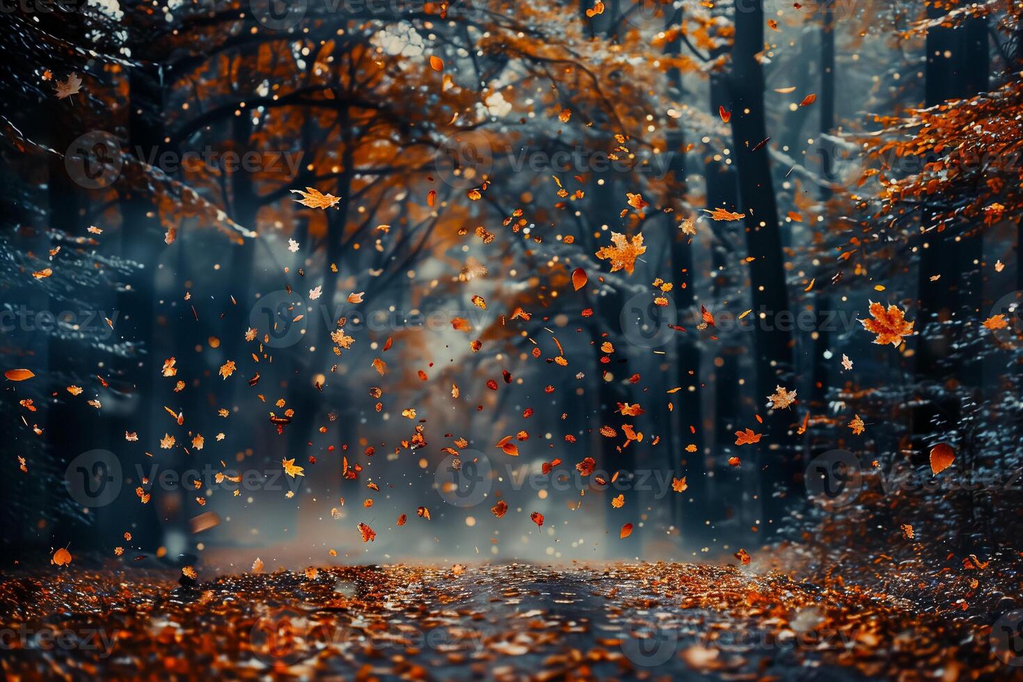Autumn leaves falling gently in a forest photo