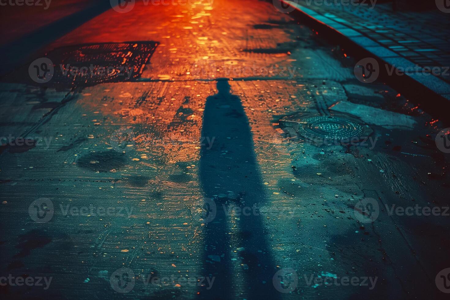 Shadow of a person on a deserted street at dusk, symbolizing loneliness photo