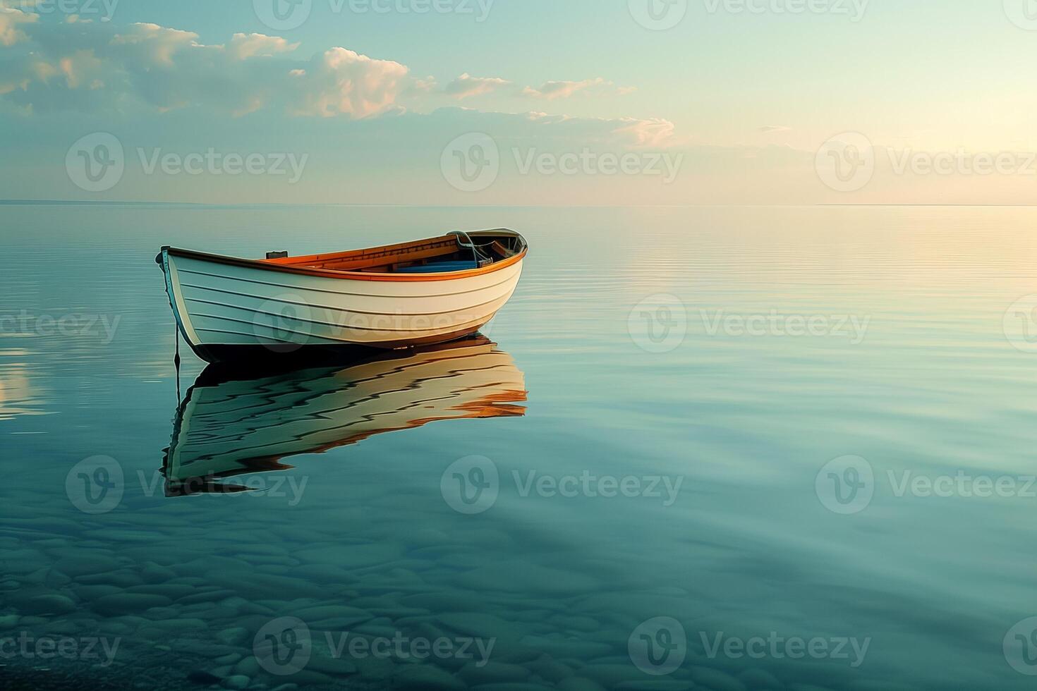 Lone boat on a calm, empty sea. Copy space. photo