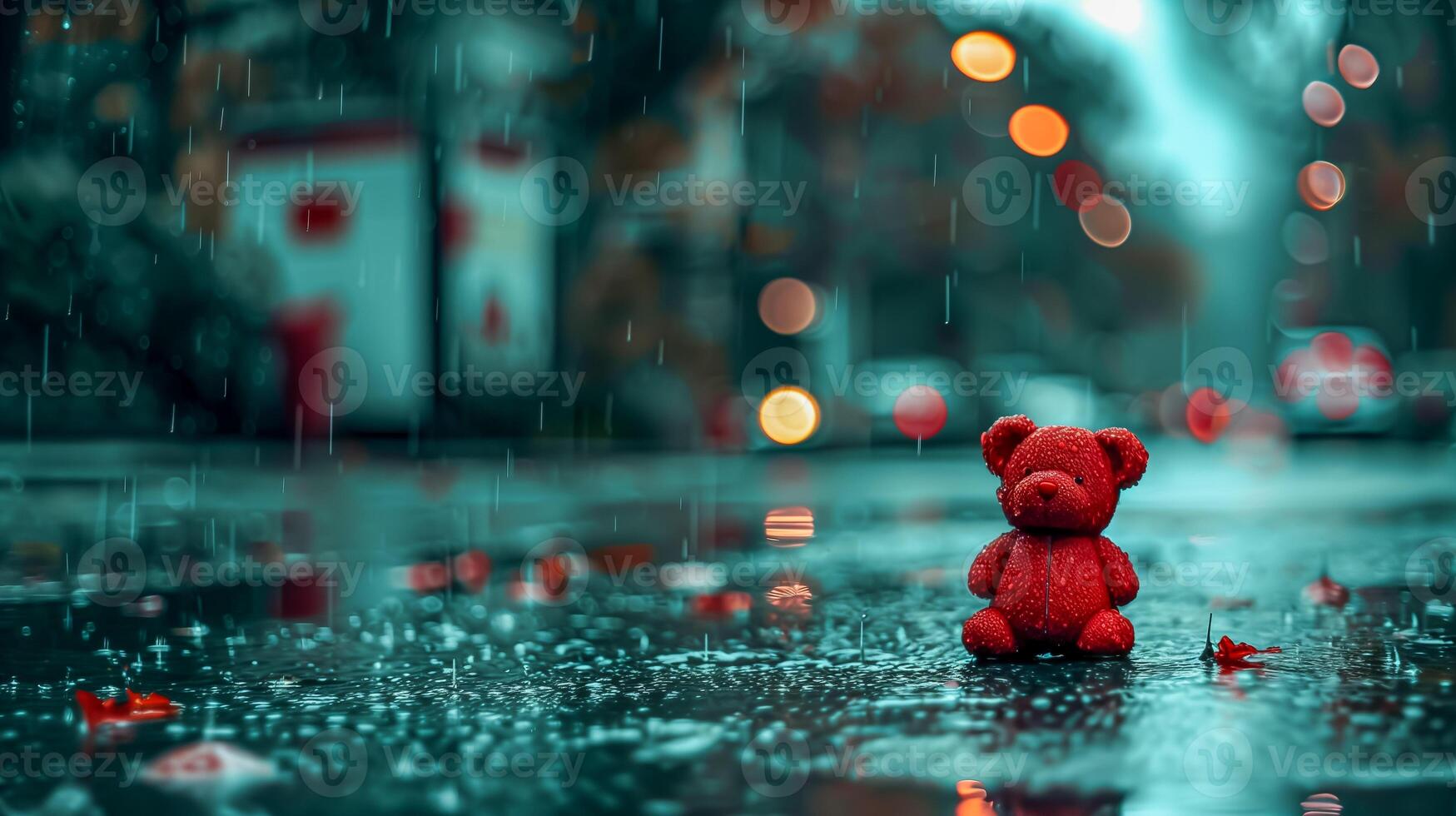 Abandoned toy on a rainy street, symbolizing loneliness and abandonment, copy space for text photo