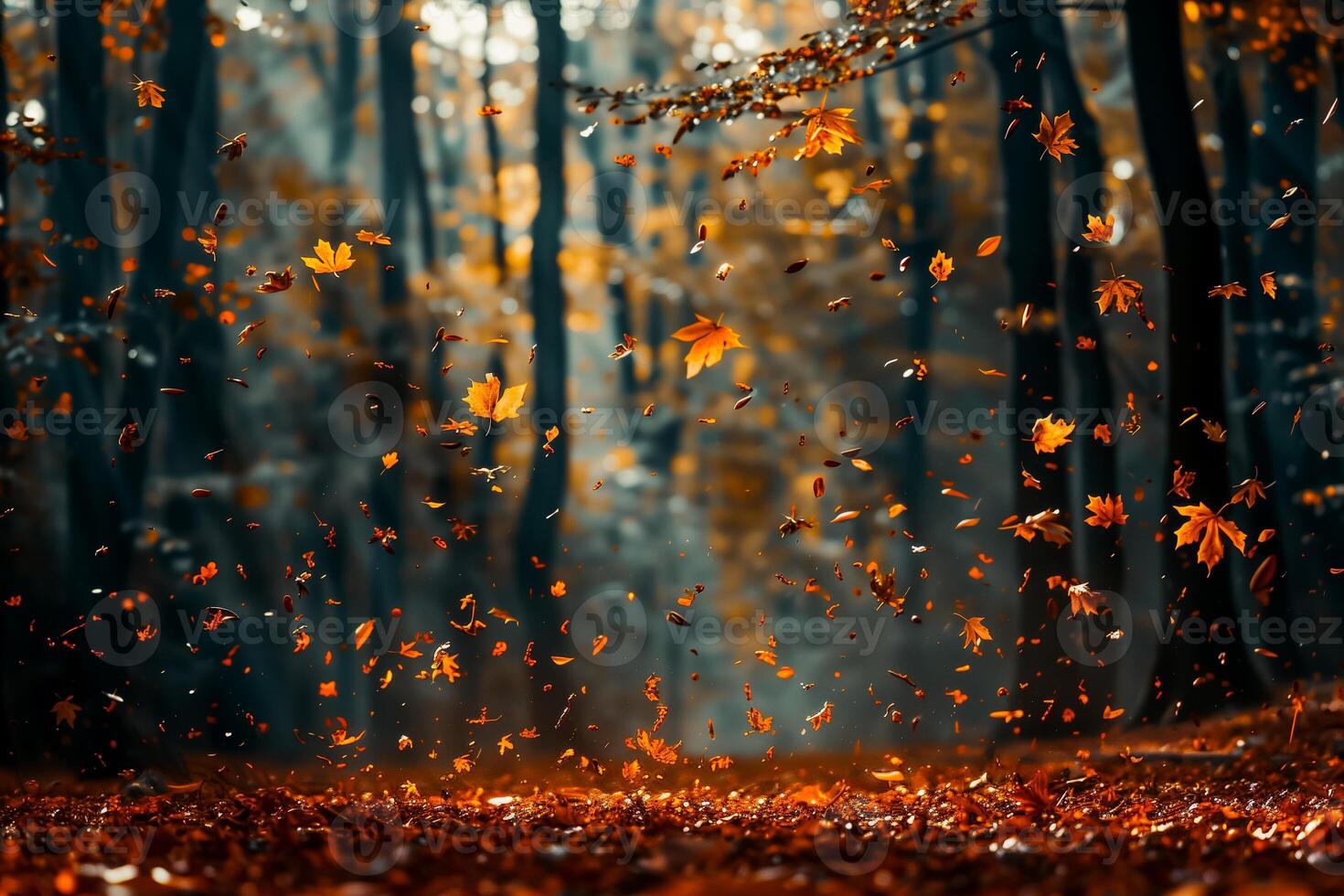 Autumn leaves falling gently in a forest photo