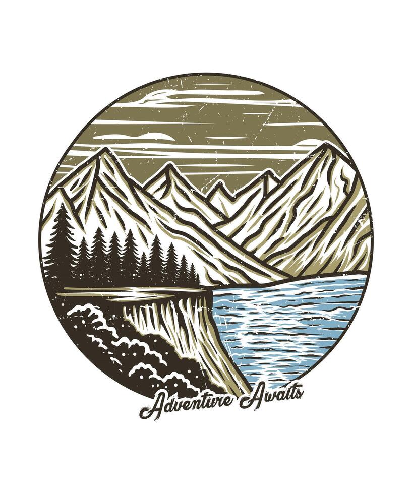 Adventure awaits mountain line art graphic t shirt design illustration vector