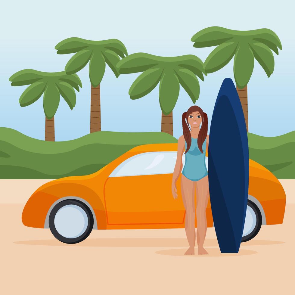 Summer banner. a car near the sea, a beach, palm trees, surfboards and a girl. vector
