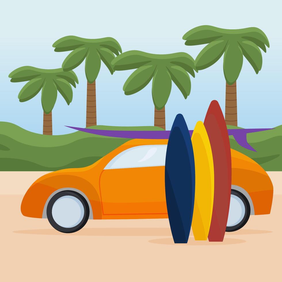 summer banner. the car is near the sea, the beach, palm trees, surfboards. Summer leisure vector