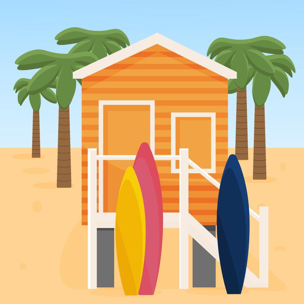 cozy house near the sea. Cartoon house on the seashore, palm trees, surfboards. mini hotel near the beach. summer leisure, vacation. vector
