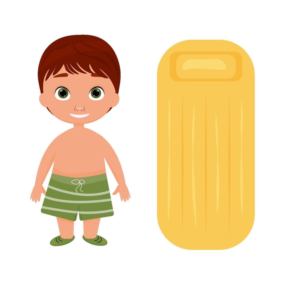 illustration of a cartoon boy on a beach holiday. illustrations on a white background. summer holidays and fun. a boy in swimming trunks and an inflatable mattress for swimming. vector