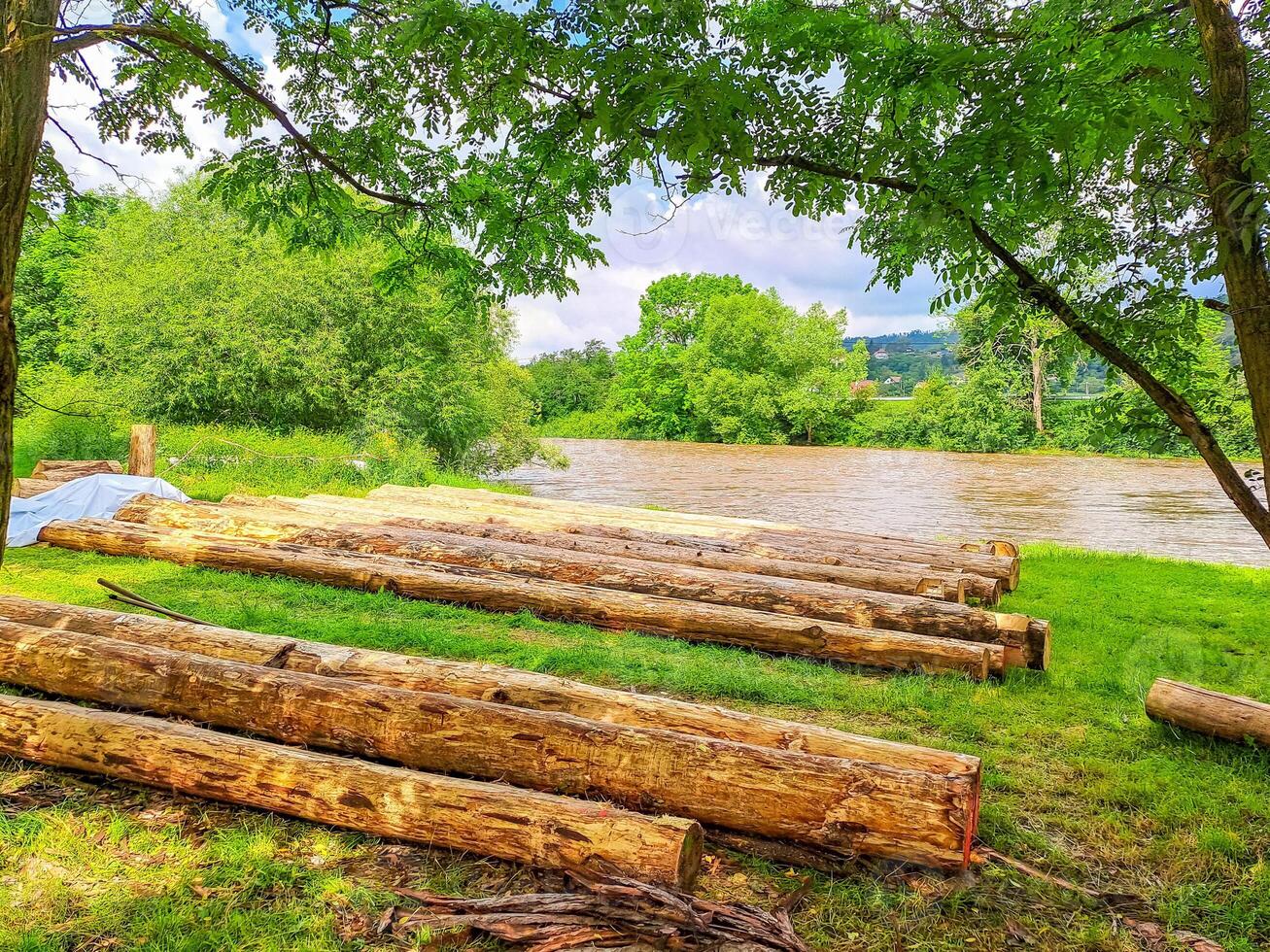 Planks and logs lie on the grass by the river, seasoning for building a raft. photo