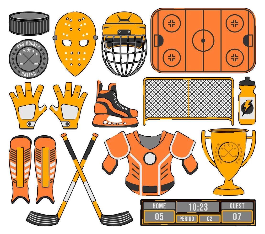 Ice hockey design elements with hockey pucks, masks, helmet, crossed sticks, goal, and trophy cups in a large collection vector