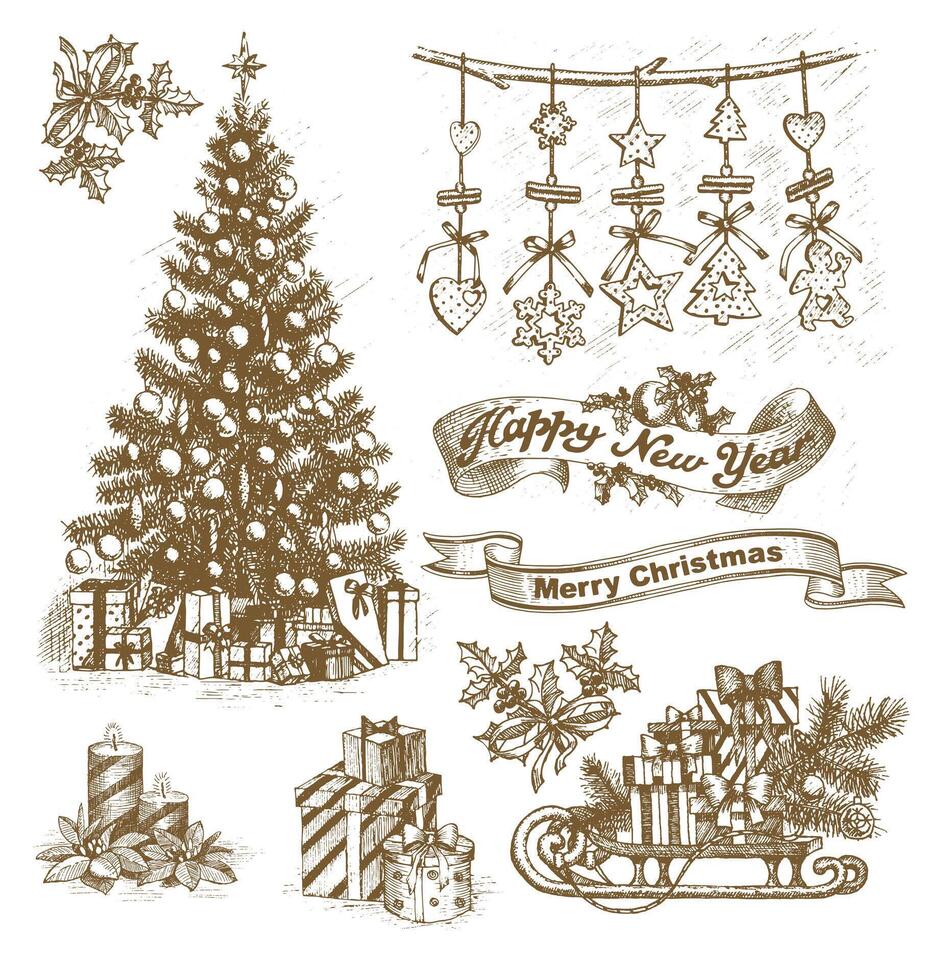 Christmas elements by hand drawn. in vintage style vector