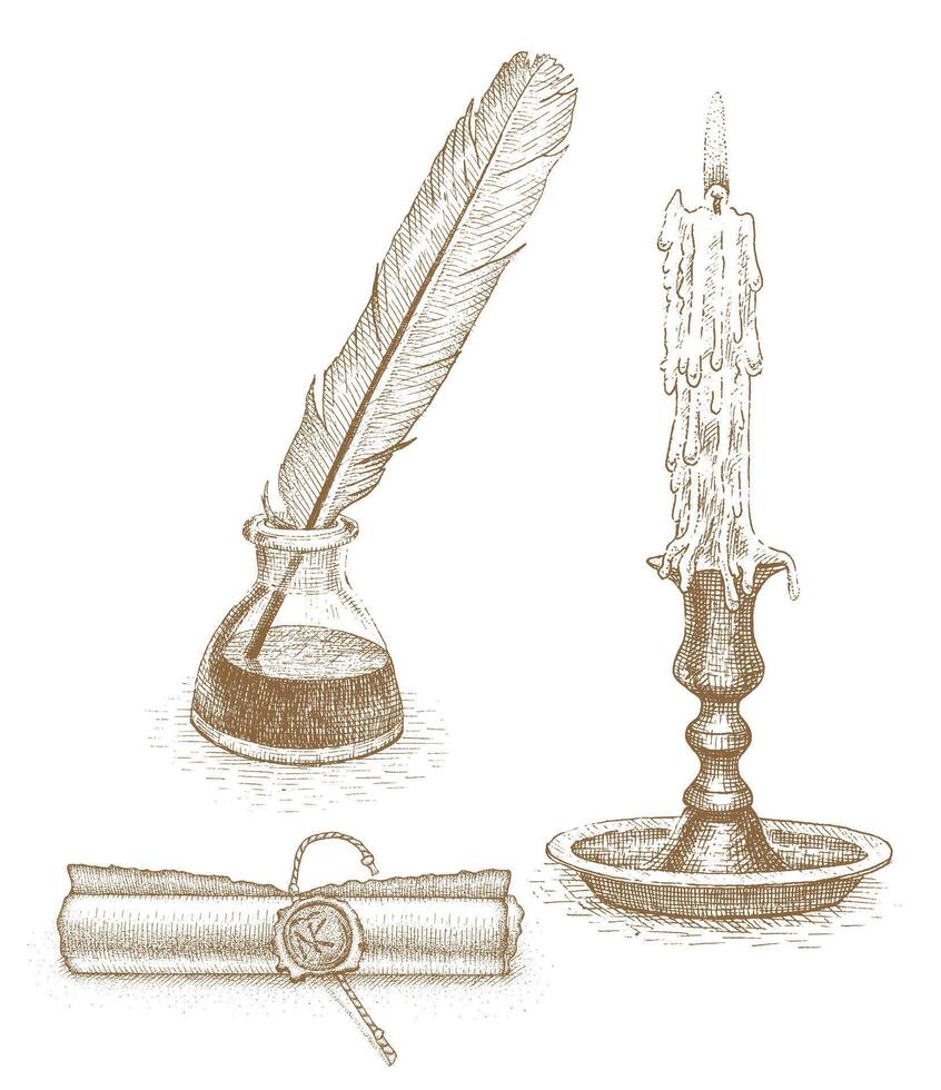 Ink and pen, paper scroll and candle drawn by hand on white background vector