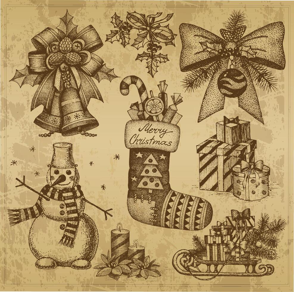 Christmas retro drawings by hand vector