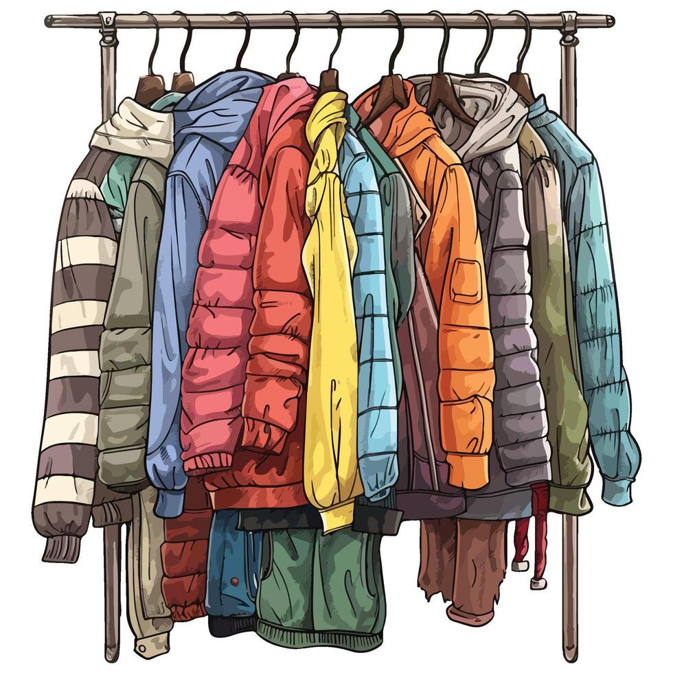clothes rack with a variety of shirts hanging illustration vector
