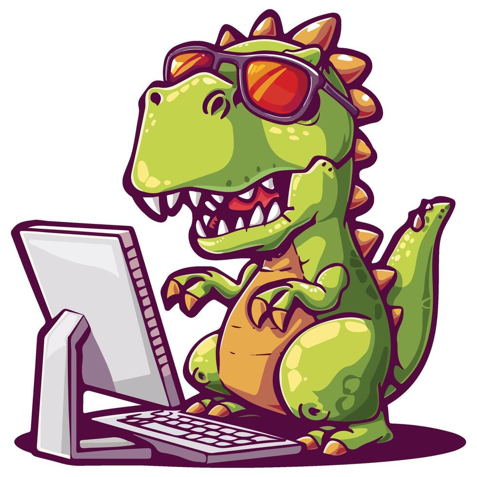 dinosaur wearing sunglasses working on a computer illustration vector