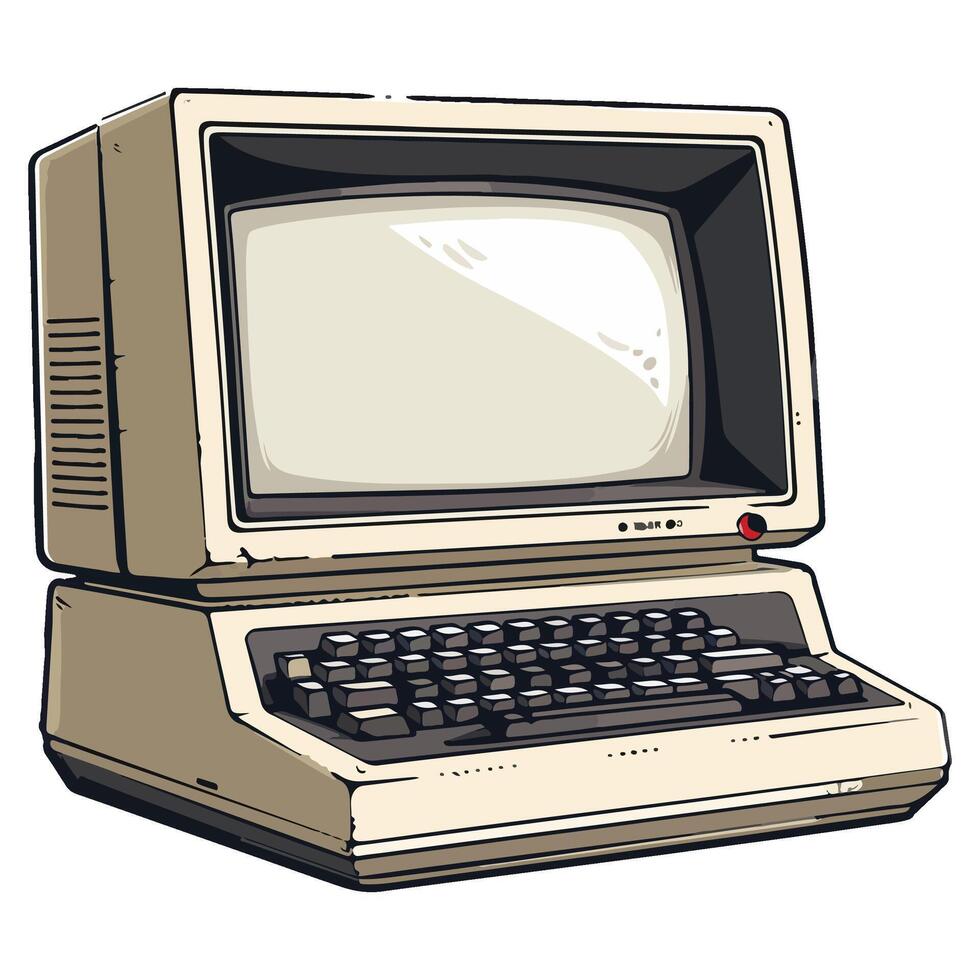 Vintage 80s monitor with computer keyboard illustration vector