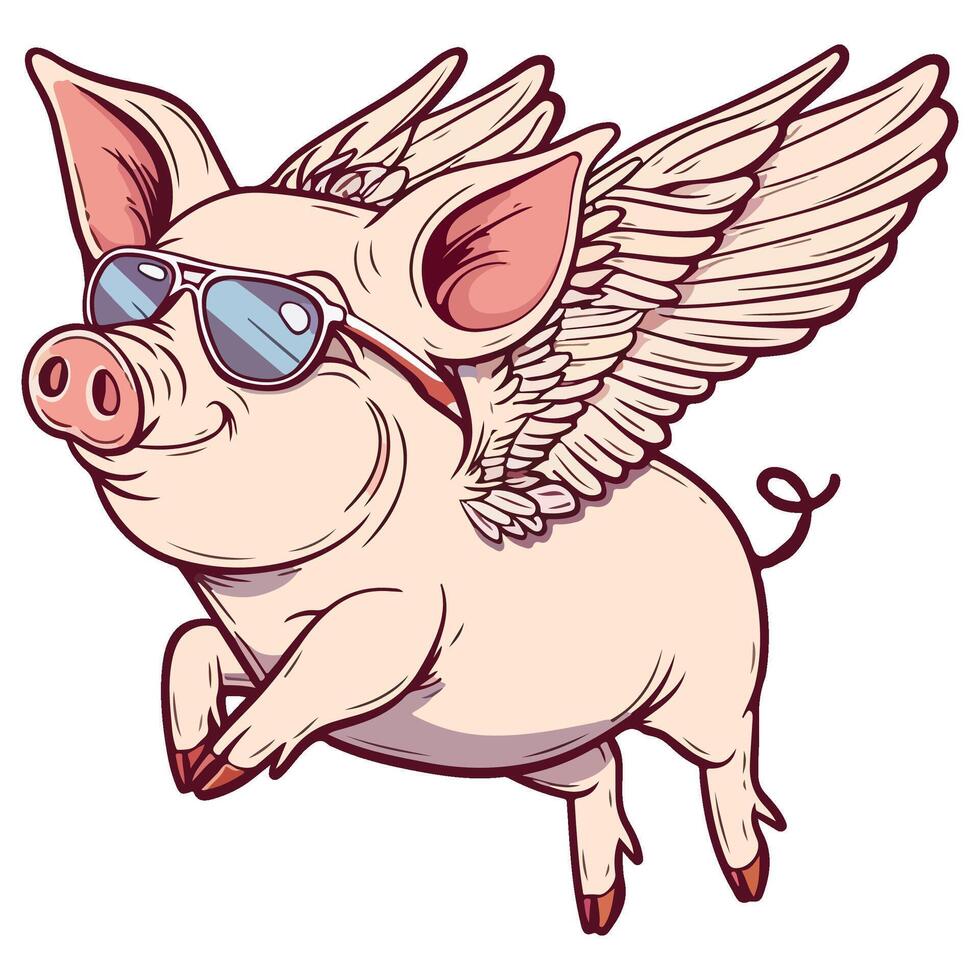 happy pig with wings and sunglasses flying through the air vector