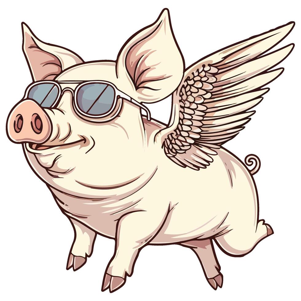 happy pig with wings and sunglasses flying through the air vector