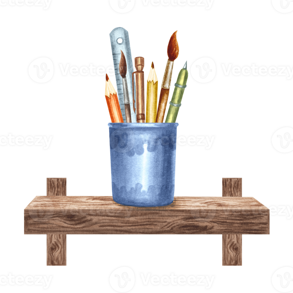 Writing utensils in bucket on bookshelf. Pens, brushes and pencils. Hand drawn watercolor illustration isolated. School stuff for children's art. Template for creative workshop, card, sticker, website png