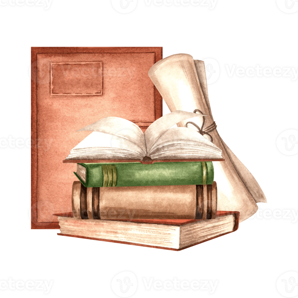 Books stack and Notebook with papyrus scroll. Composition with old parchment sheet and diary. Hand drawn watercolor illustration isolated. Education concept. Template for card, sticker, website, print png