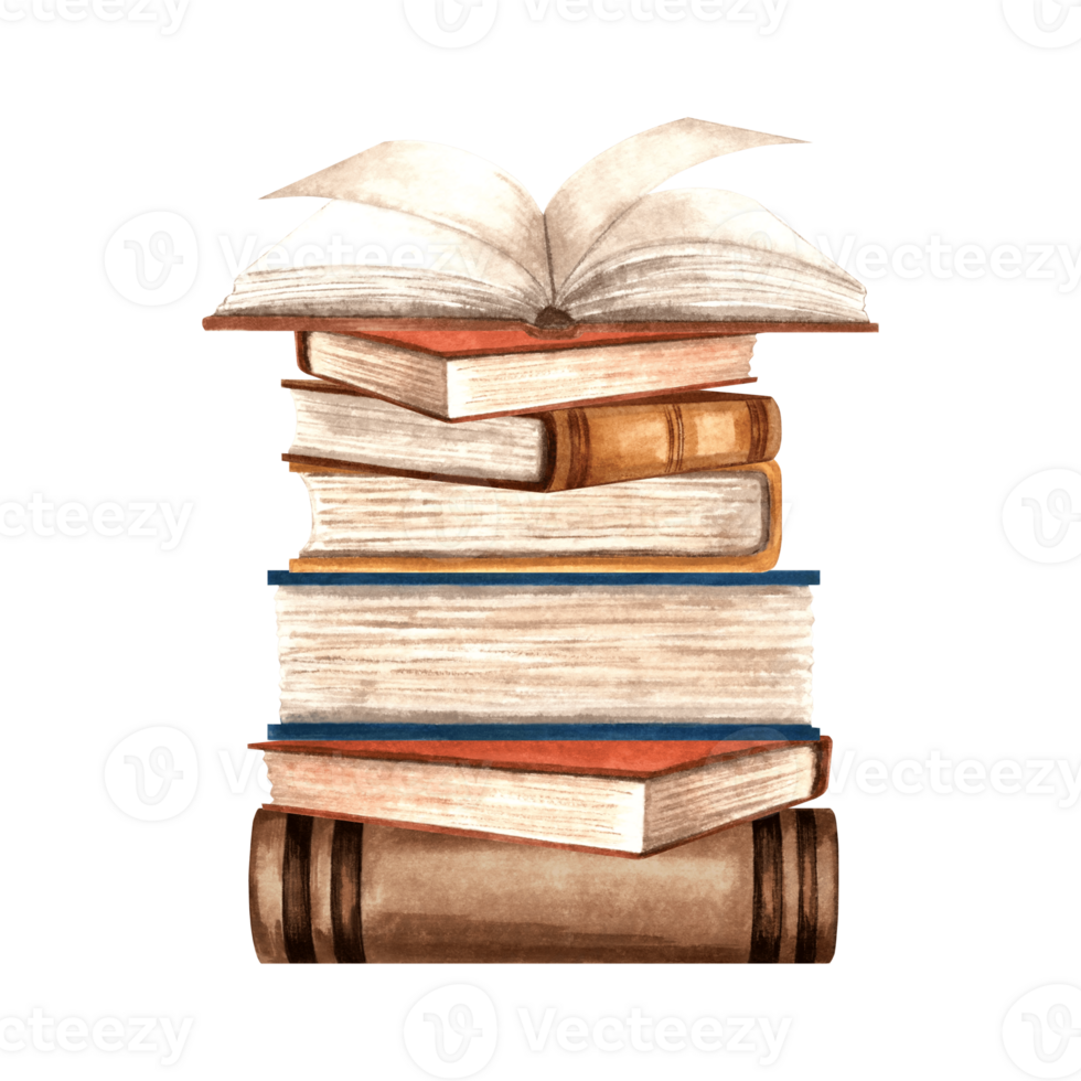 Open book is lying on stack of different books. Composition with textbooks. Hand drawn watercolor illustration isolated. Education concept. Literature and reeding. Template for card, sticker, website. png