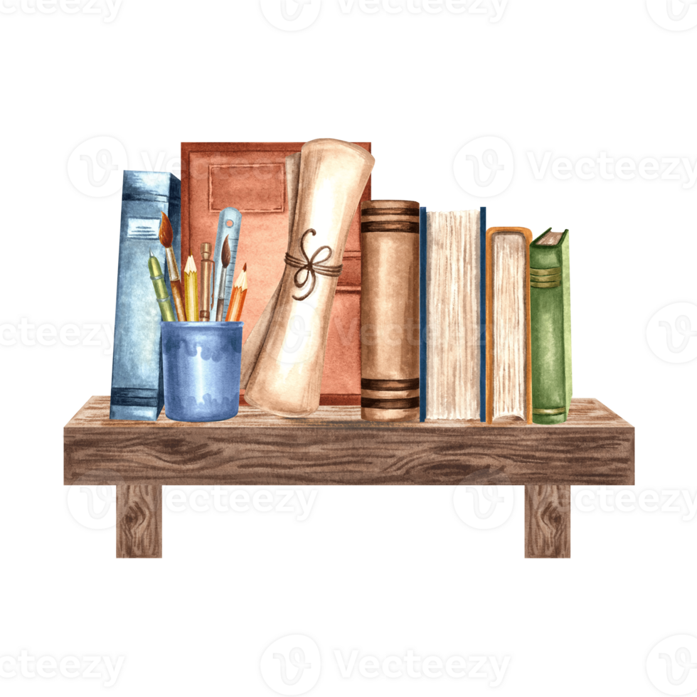 Books and writing utensils on bookshelf. Composition with notebook and papyrus paper scroll. Hand drawn watercolor illustration isolated. School supplies. Template for card, sticker, website, print. png