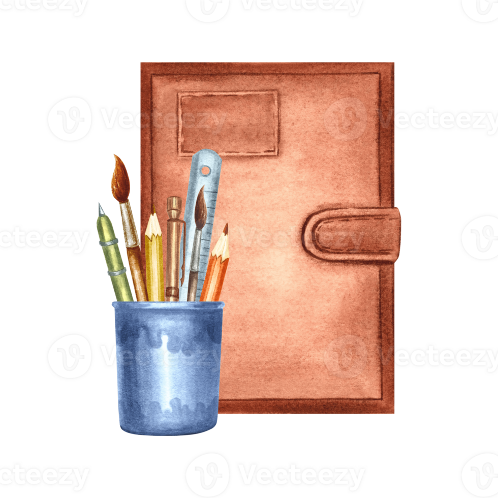 Notebook and plastic cup with writing utensils. Pens, brushes and pencils. Hand drawn watercolor illustration isolated. Creative supplies for drawing education. Template for card, sticker, website. png