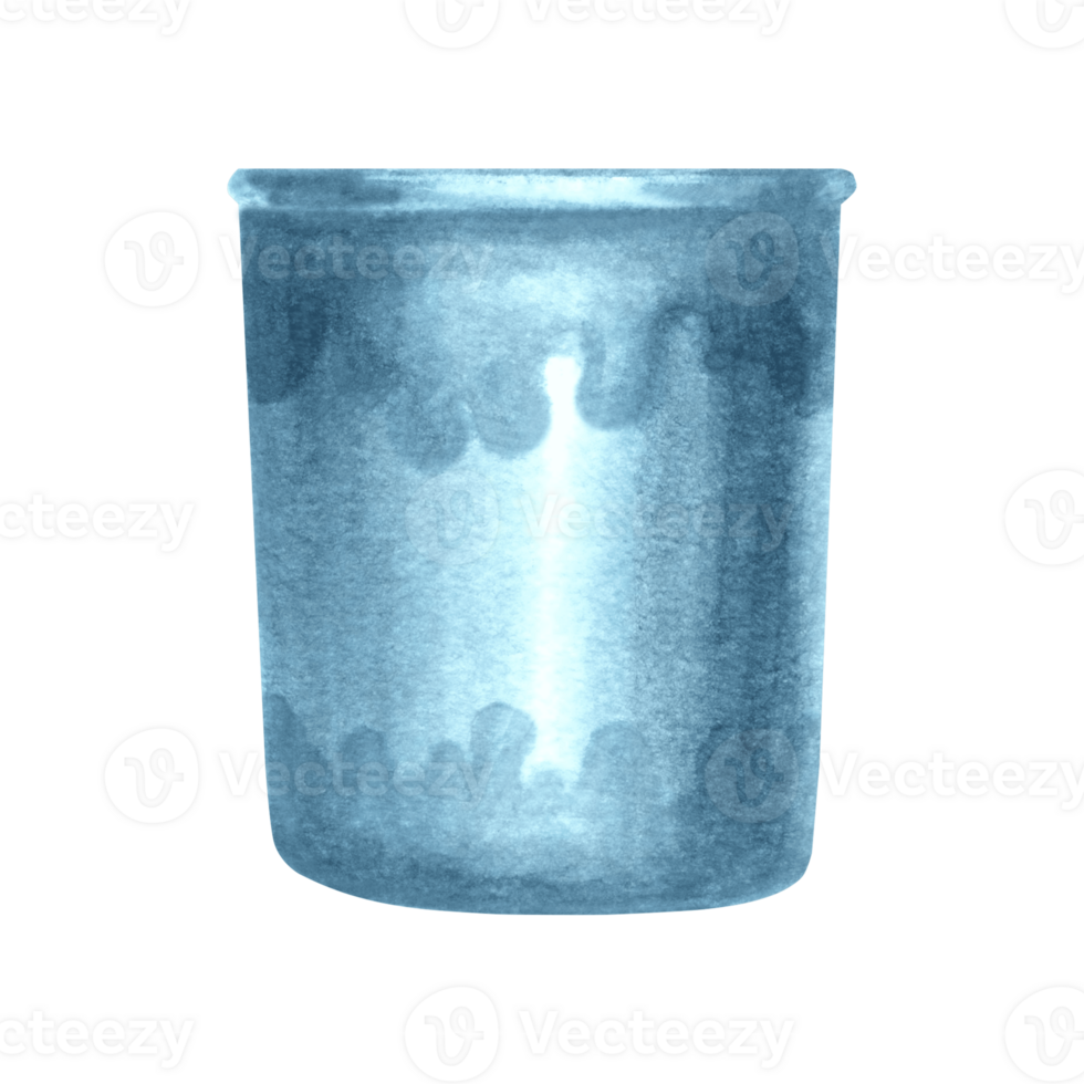 Plastic cup blue empty Bucket. Hand drawn watercolor illustration isolated. Container basket for garbage. Glass for writing utensils. Clipart for sticker, website, stationerystore, cleaning services. png