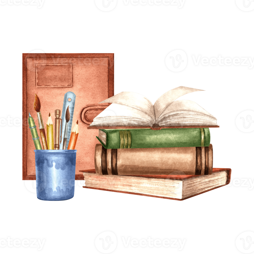 Books stack and stationery in plastic cup. Composition with Notebook, textbook and writing utensils. Hand drawn watercolor illustration isolated. Education concept. Template for card, sticker, website png