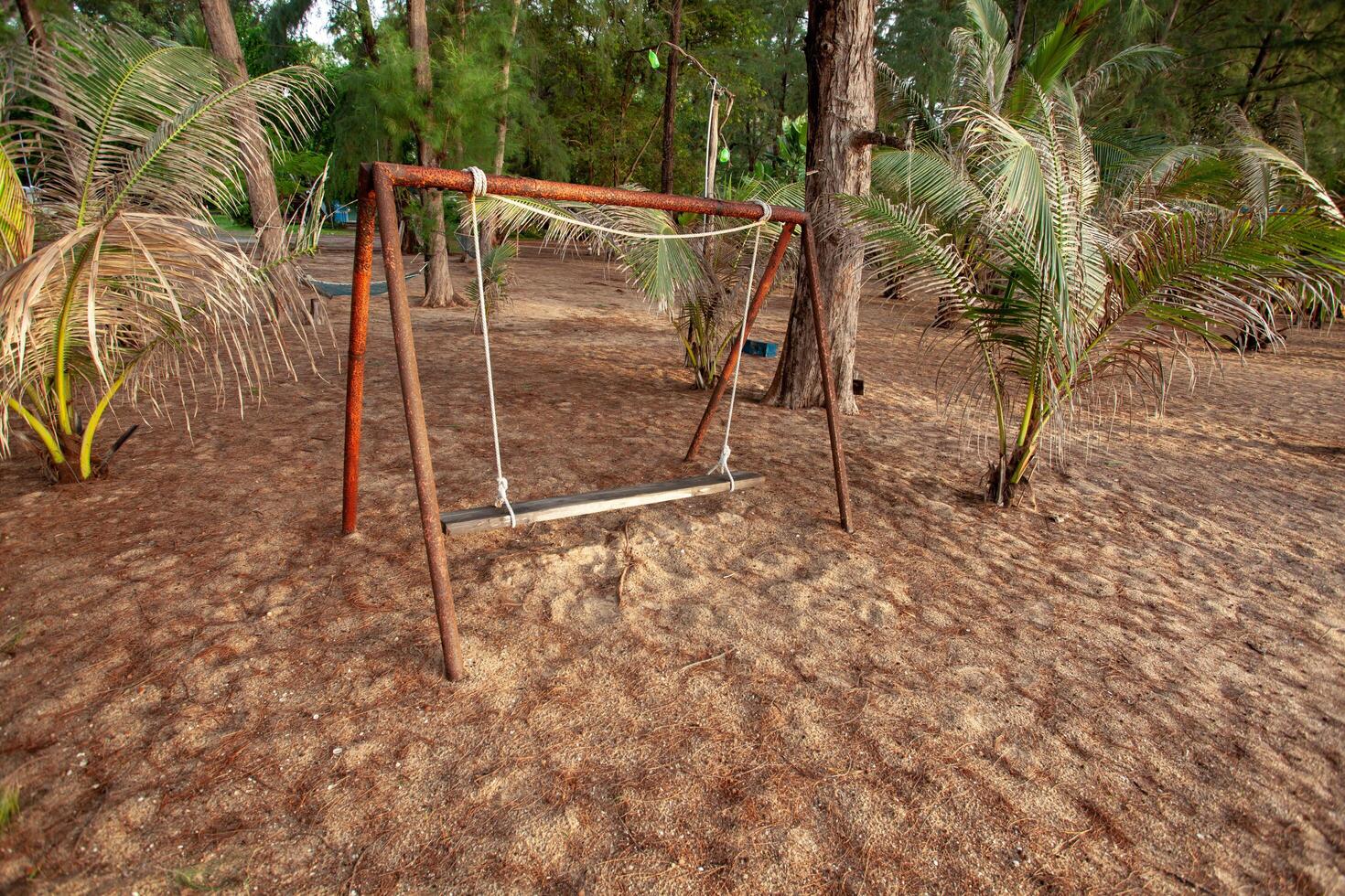 An old swing stands on a sandy beach surrounded by coconut trees. photo
