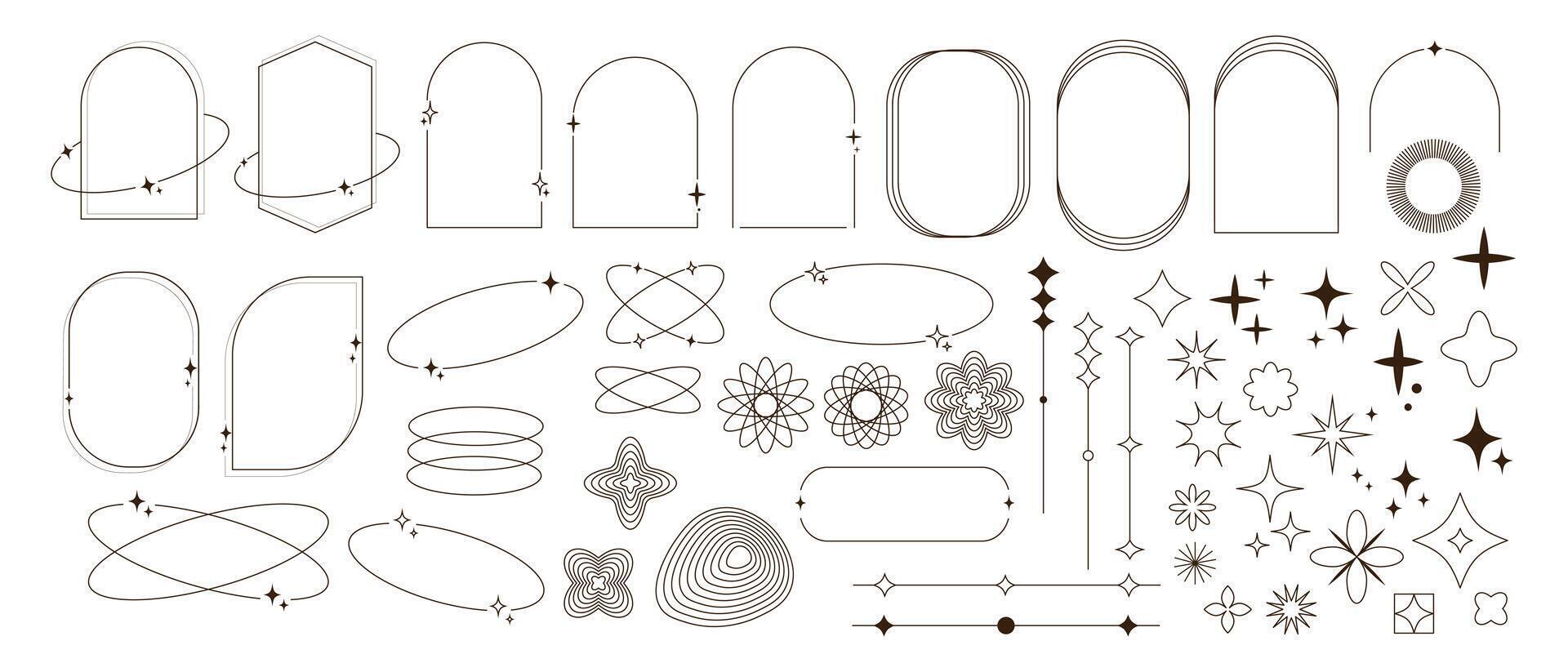 Modern minimalist aesthetic line elements, trendy frames with stars, geometric forms. vector