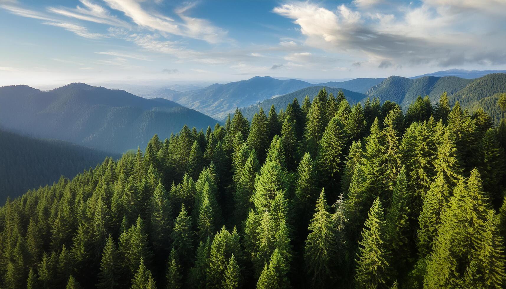 an aerial view of a forest with snow-capped mountains in the background photo