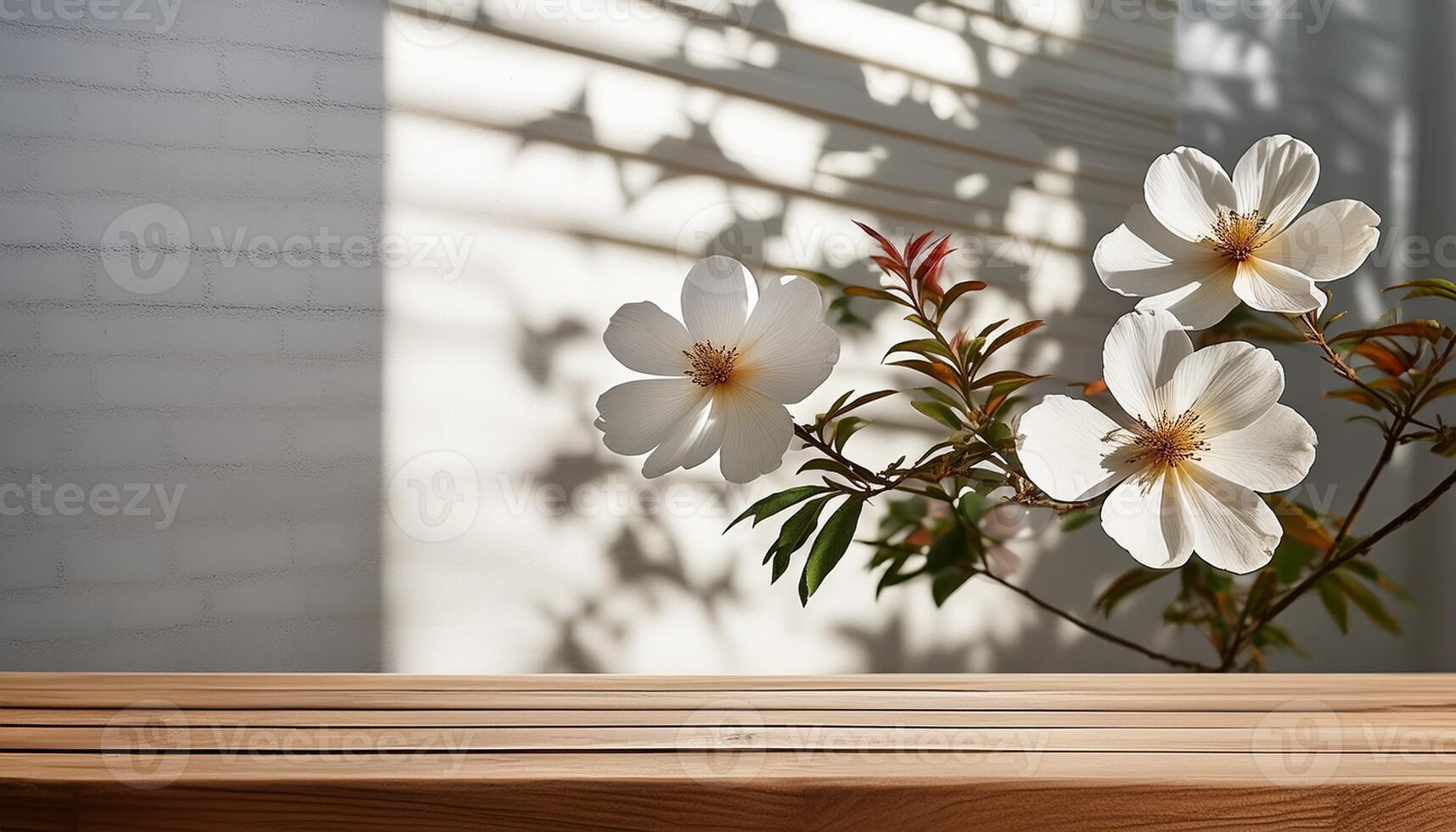 A simple yet elegant product display featuring a rustic wooden table as a platform with beautiful bouquet of flowers sits in a stylish vase on the table photo