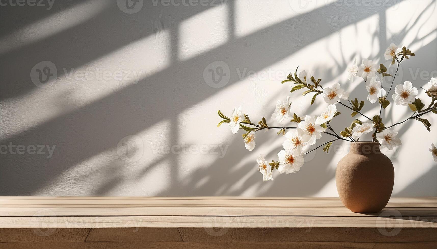 A simple yet elegant product display featuring a rustic wooden table as a platform with beautiful bouquet of flowers sits in a stylish vase on the table photo